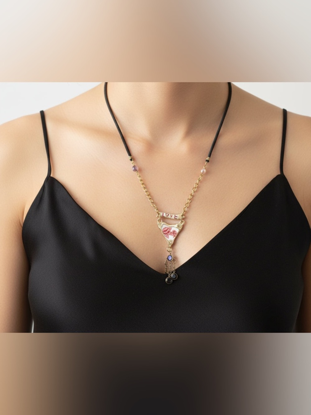 Repurposed Porcelain Love Banner Necklace - Vintage Garnet Tassel - Silver Chain - Picture 15 of 15